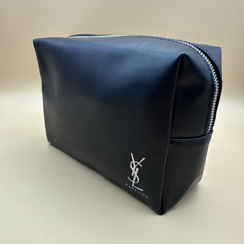 YSL Yves Saint Laurent Black Faux Leather Silver Logo Toiletry Makeup Bag